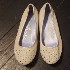 Tan canvas silver studded ballet flats.